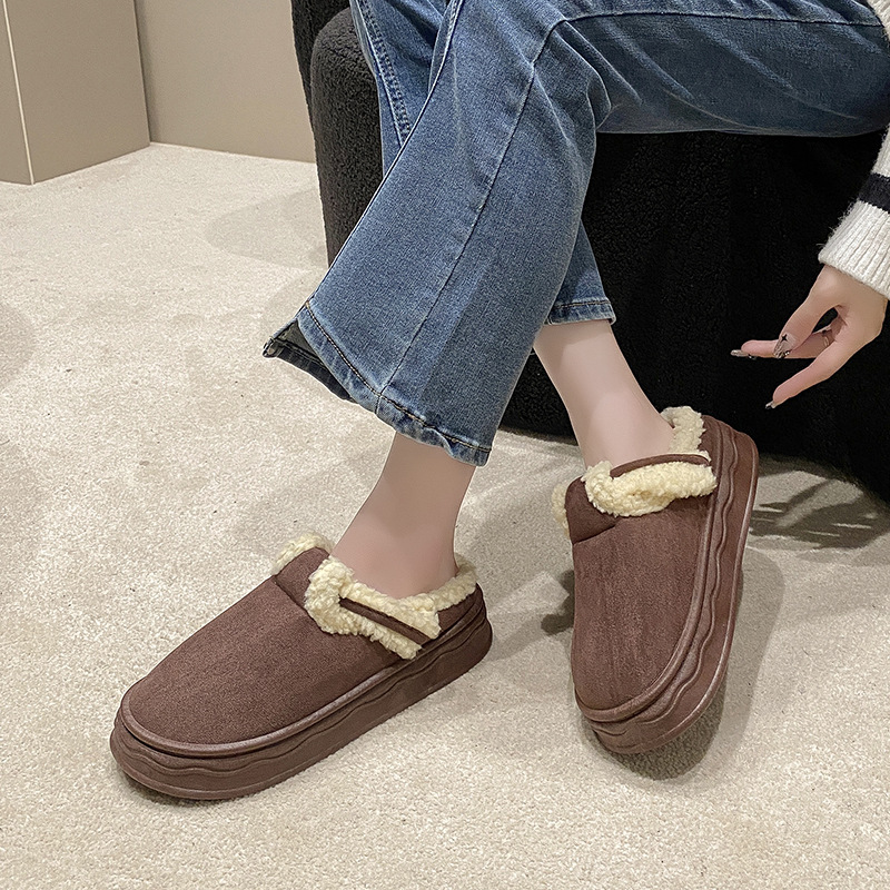 2023 New Winter Warm Fleece-Lined Ins Loafers Half Support Thick Bottom Versatile Cotton Slippers Women's Korean Style Casual Shoes