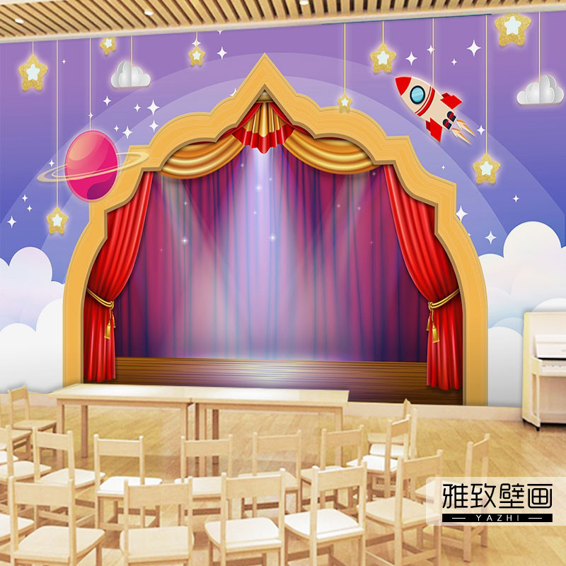口才培训班表演舞台背景墙面装饰壁纸小主持人少儿演讲区教室墙纸