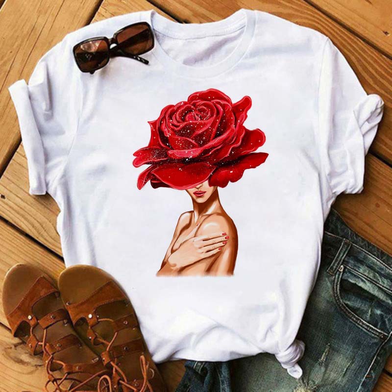 floral girl t shirt 2021潮流时尚玫瑰花女人t恤姐妹装女半袖潮