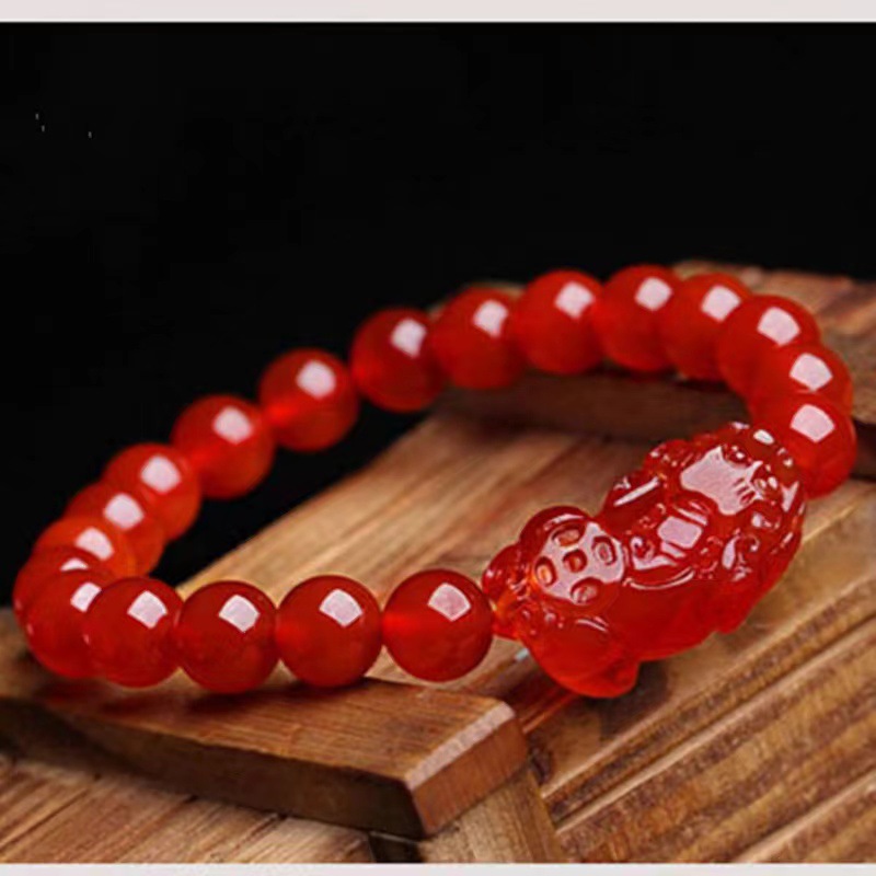 南红玛瑙貔貅手链 圆珠大号财男女款招三钱皮休手串直播皮丘手饰