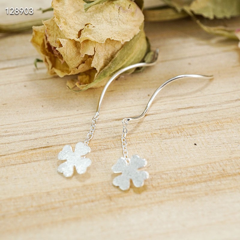 s9999纯银耳饰简约磨砂四叶草磨砂耳环长款气质幸运草波浪耳线