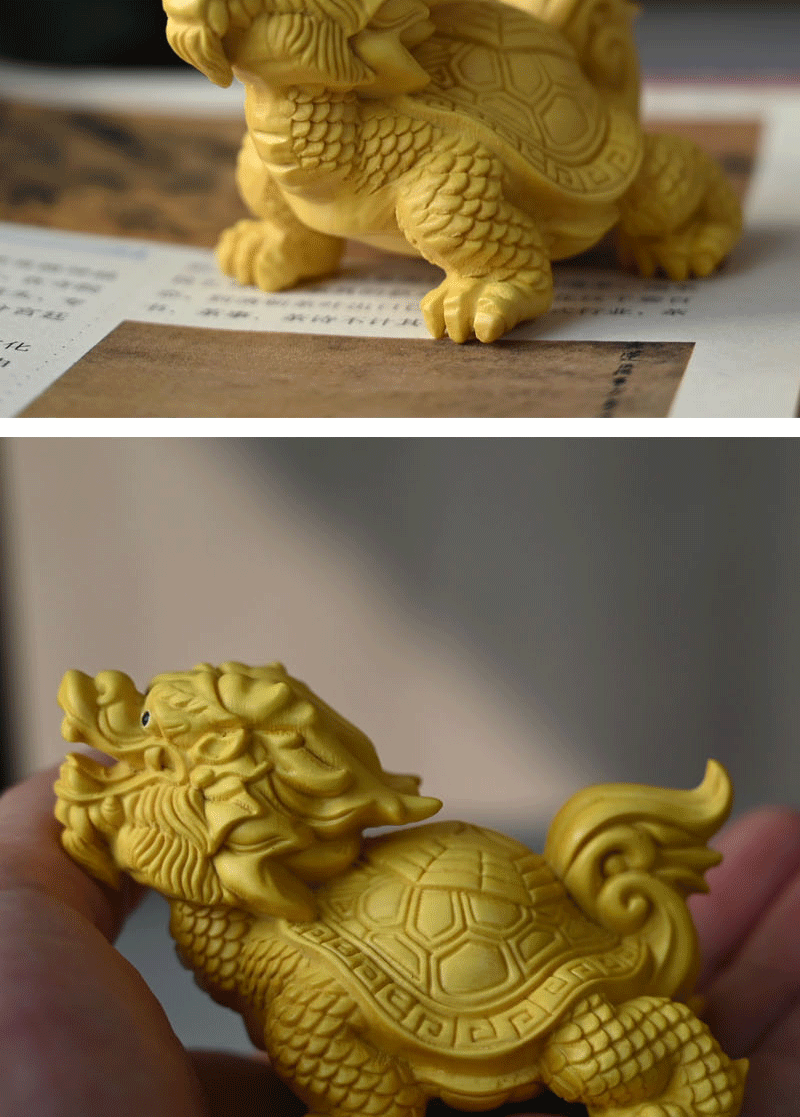 黄杨木龙龟手把件 实木木雕文玩工艺品神兽龙龟摆件家居办公装饰