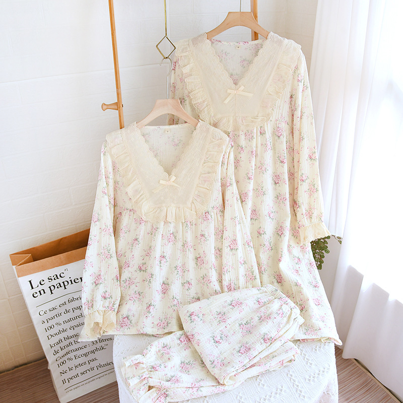 spring and autumn pure cotton pullover pajamas women‘s gauze lace nightdress loose printed long sleeve home wear suit can be worn outside