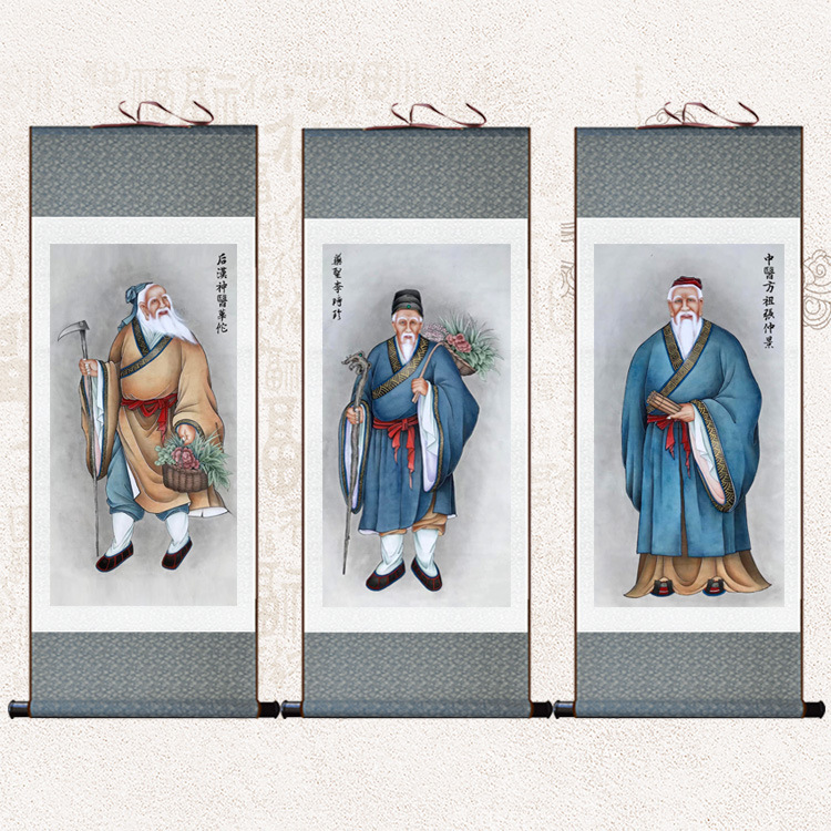 四大名医张仲景华佗李时珍画像挂画中医诊所养生馆丝绸卷轴装饰画