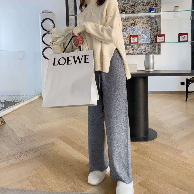 Autumn and Winter New Knitted Wide-Leg Pants Women's High Waist Drooping Mop Casual Straight Pants Soft Glutinous Niche Design Trousers