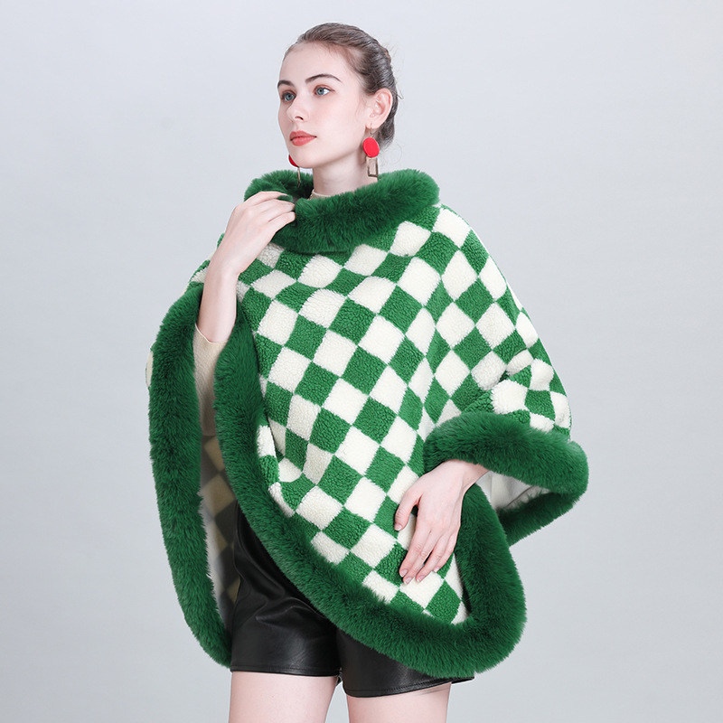 EU and South Korea Autumn and Winter New Cloak Shawl Thickened Plaid Fur Collar round Neck Pullover Shawl Cape Coat 0986#