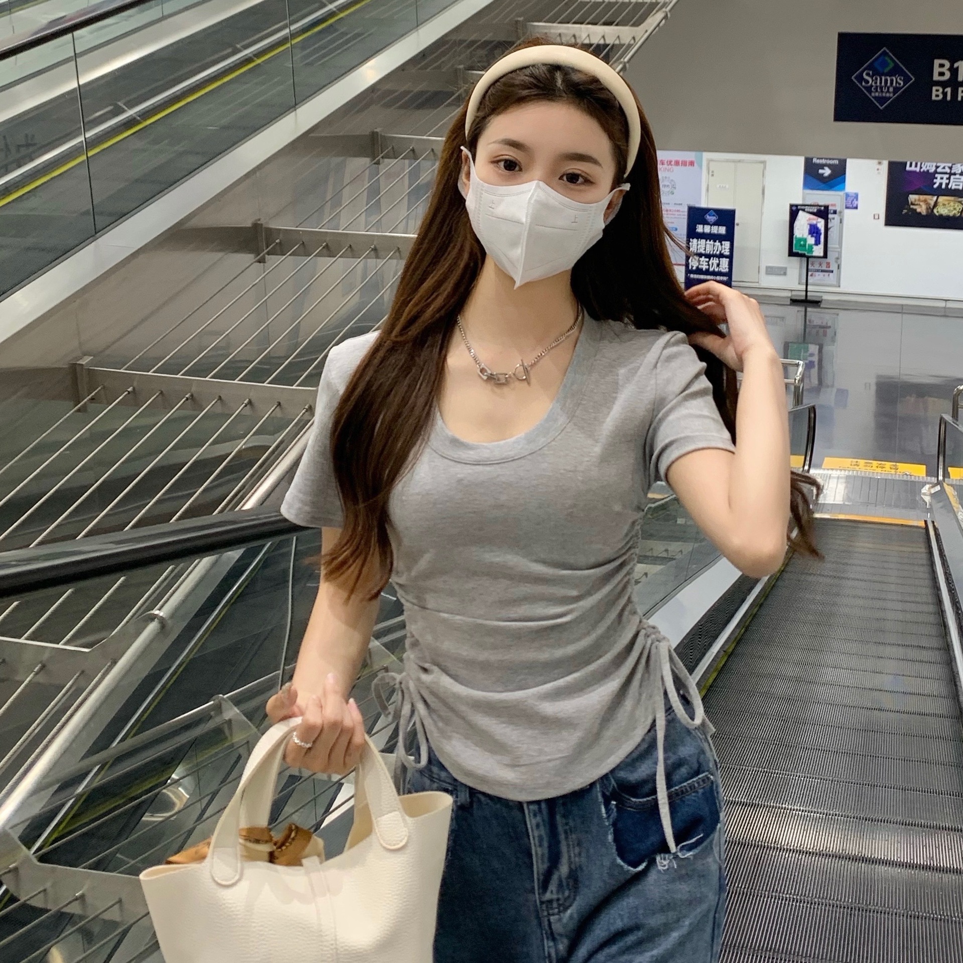 实拍2022春季新款韩国ins别致短款上衣抽绳打底小胸辣妹纯欲短袖t