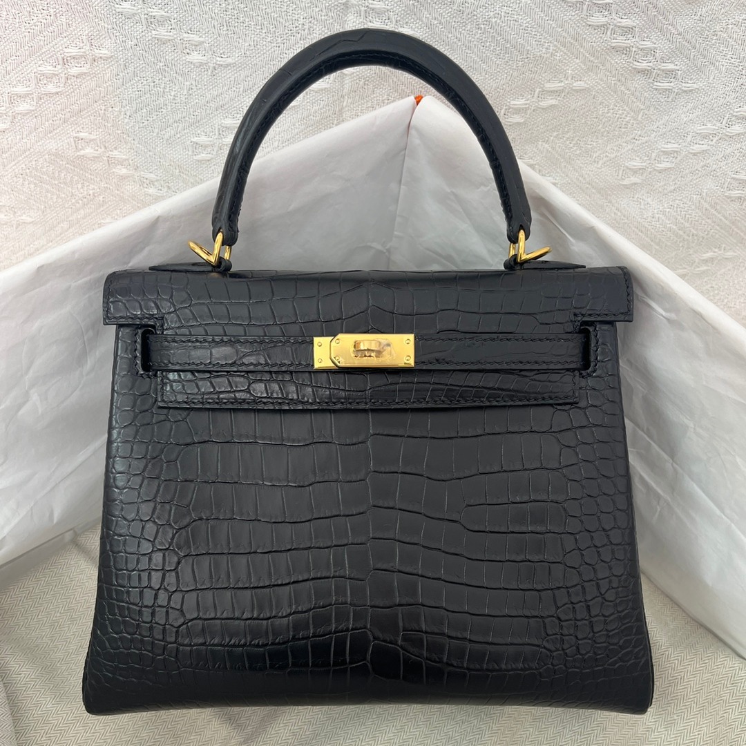 鳄鱼皮全手工手缝蜡线女包kelly25雾面24k金真皮单肩斜挎休闲包包