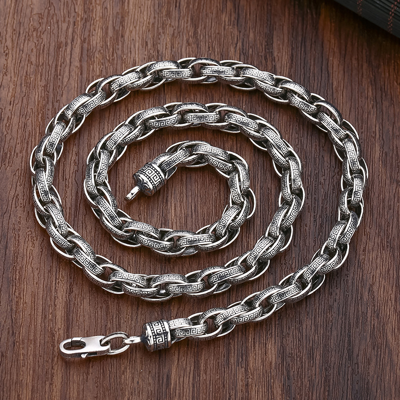 s925纯银项链圆环相扣回纹粗款男士 泰银复古做旧潮流个性饰品