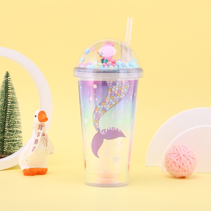 Good-looking Creative Cartoon Plastic Cup Student Mermaid Pattern Gift Cup Large Capacity Internet Celebrity Cup with Straw Wholesale