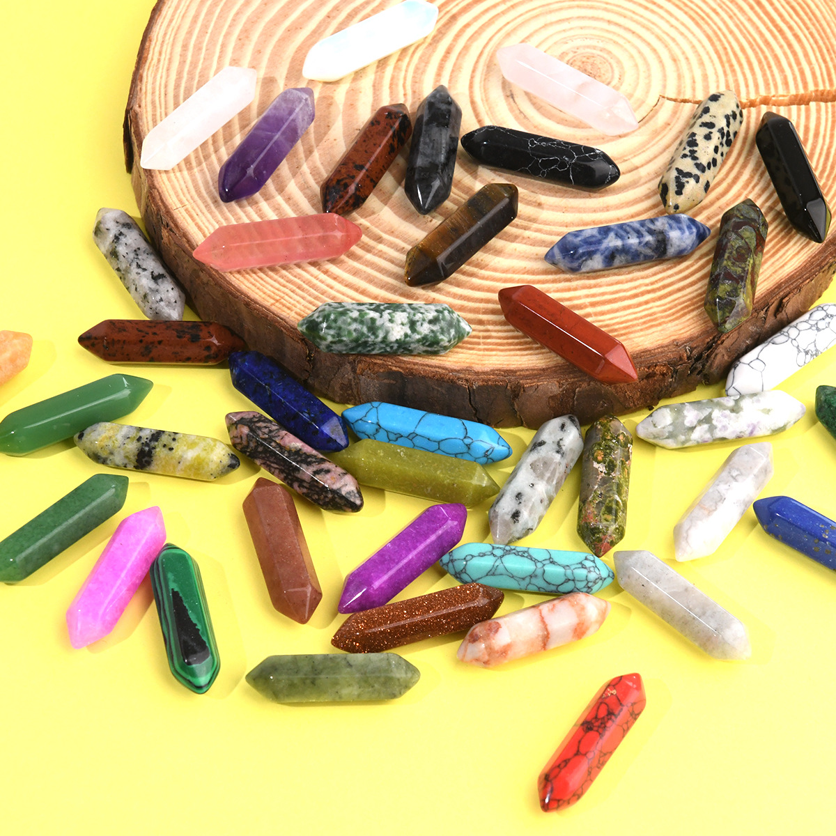 跨境天然石水晶子弹头双尖六角柱吊坠不规则瑜伽石裸石项链32*8mm