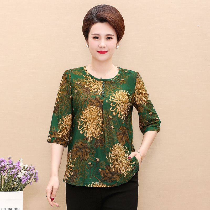 Middle-Aged and Elderly Women's Clothing Spring and Autumn Three-Quarter Sleeve Shirt Top for 50-Year-Old Mothers Loose Large Size Short Sleeve Middle-Aged Summer Clothes