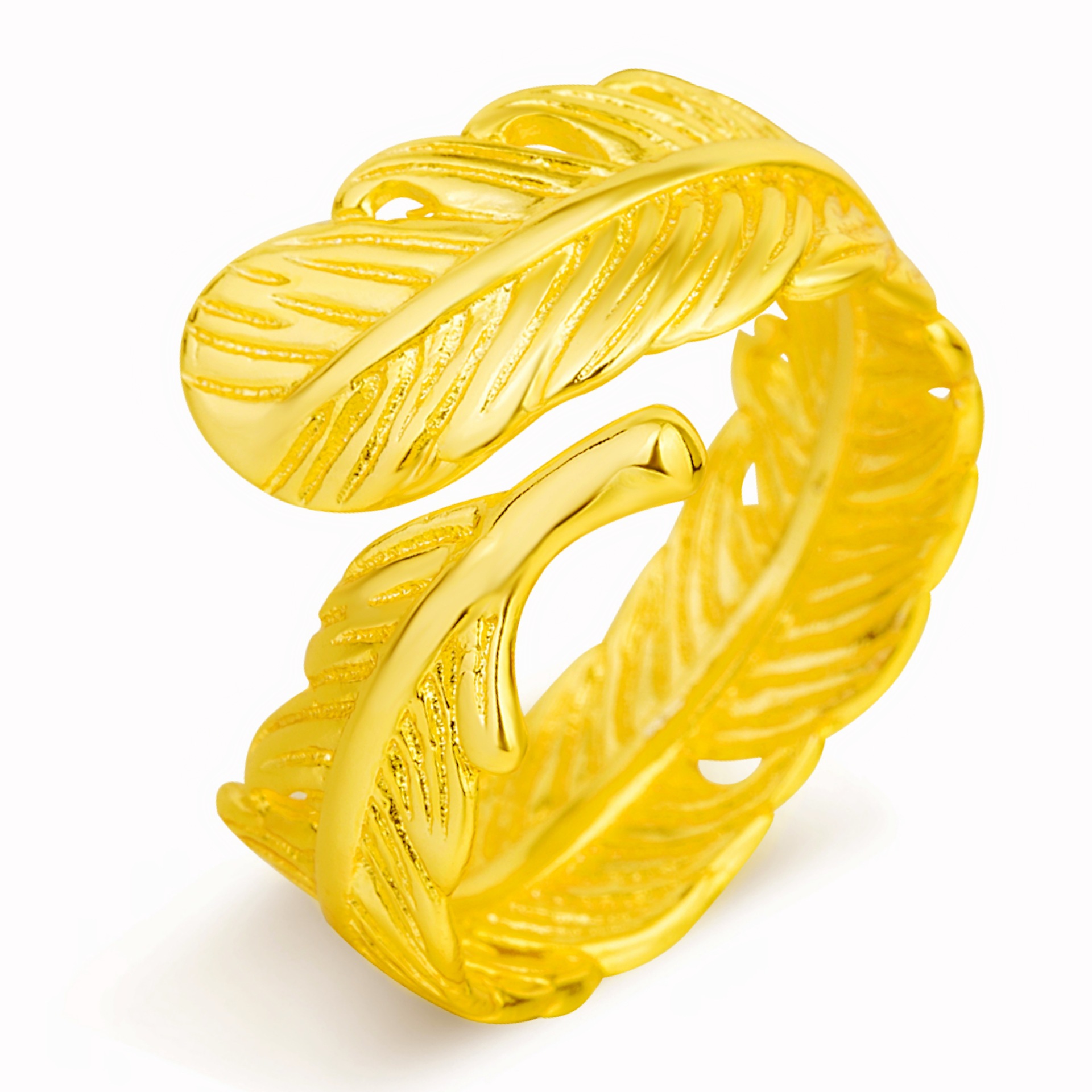 真空电镀24k黄金镀3d硬金爱情密语开口戒指 铜沙金羽毛叶子状戒指