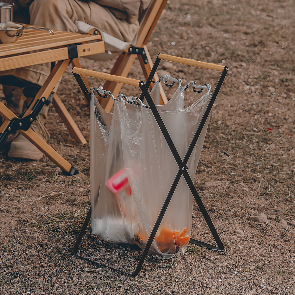 Outdoor Household Trash Rack Foldable Kitchen Sundries Storage Rack Plastic Bag Holder Wooden Handle Wrought Iron Garbage Rack