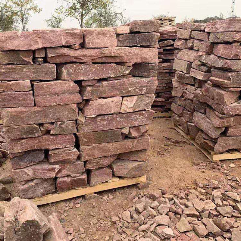 垒墙石毛石不规则块石红砂岩砌墙石 天然片石碎拼石 粉红色挡墙石