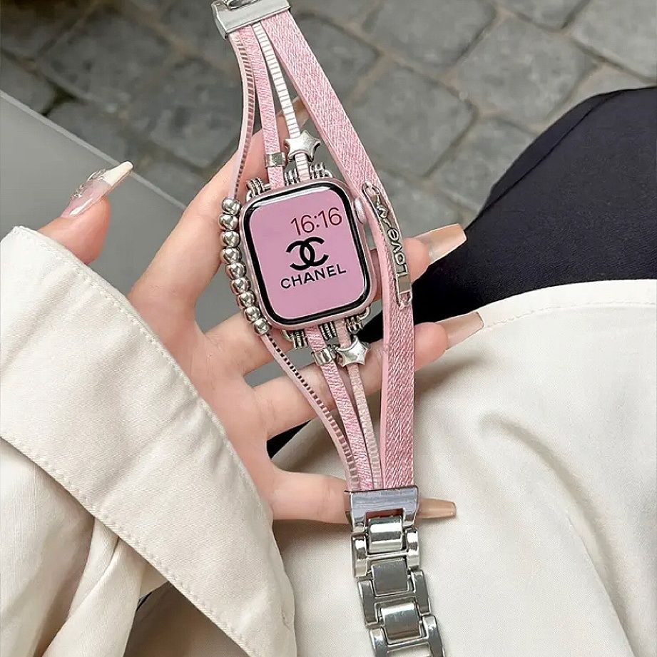 星星牛仔帆布拼金属手镯式表带适用applewatchs9粉色iwatch8765se