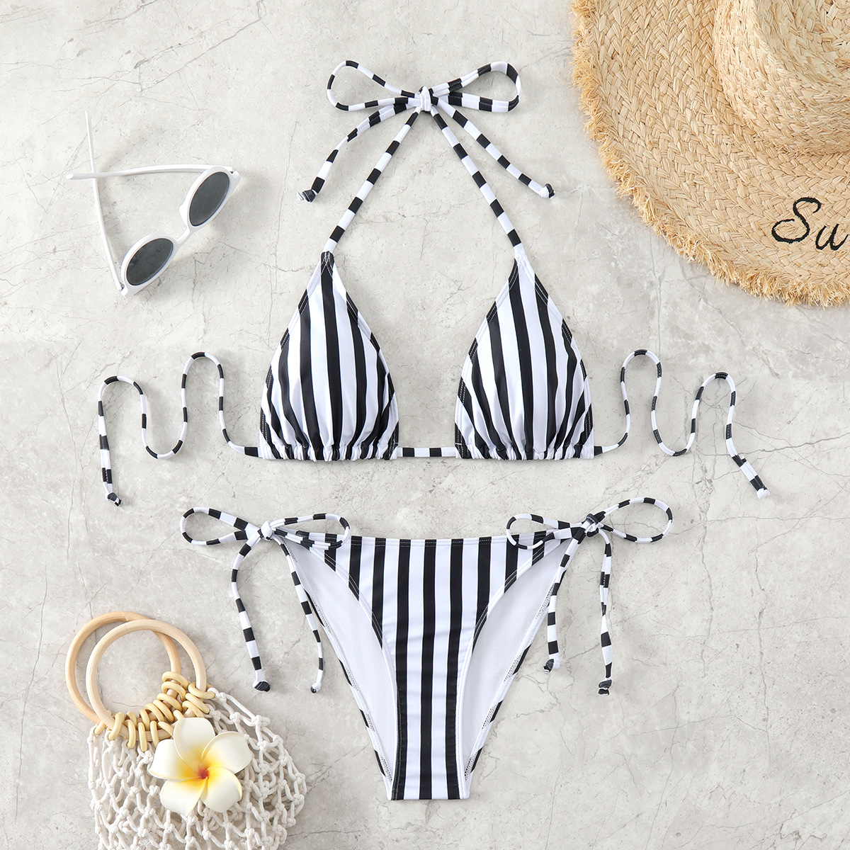泓泽制衣外贸跨境比基尼泳衣欧美三点式性感条纹泳装女分体绑带