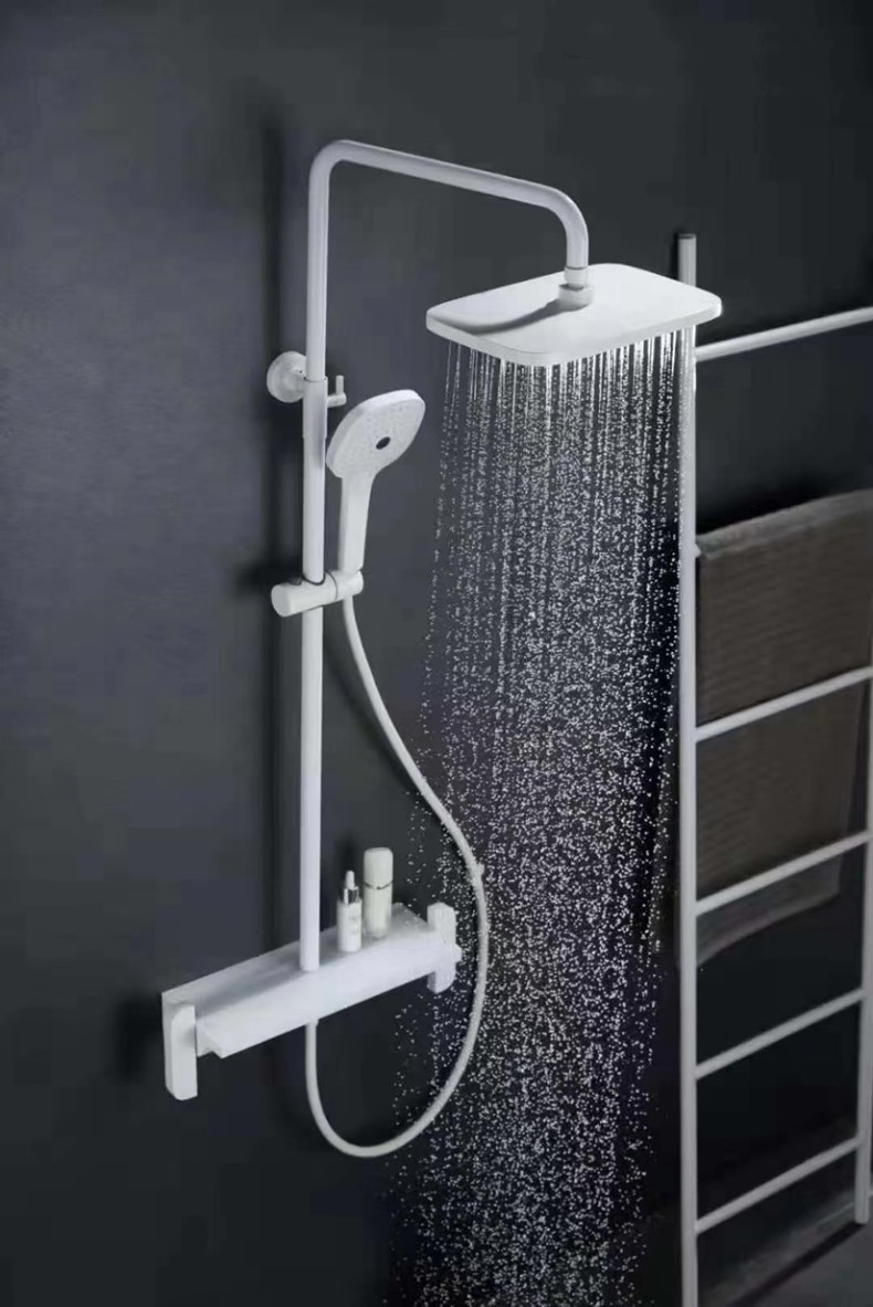 北欧哑白色淋浴花洒套装明装全铜家用卫生间升降花洒沐浴器可置物