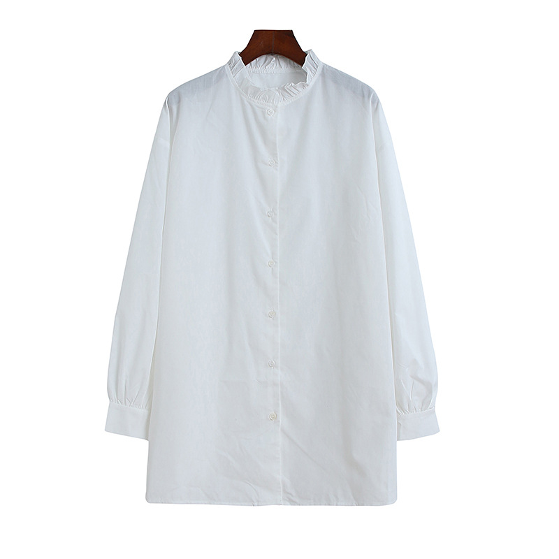 日本单白色木耳领衬衫女士春季设计感小众中长款上衣休闲打底长袖