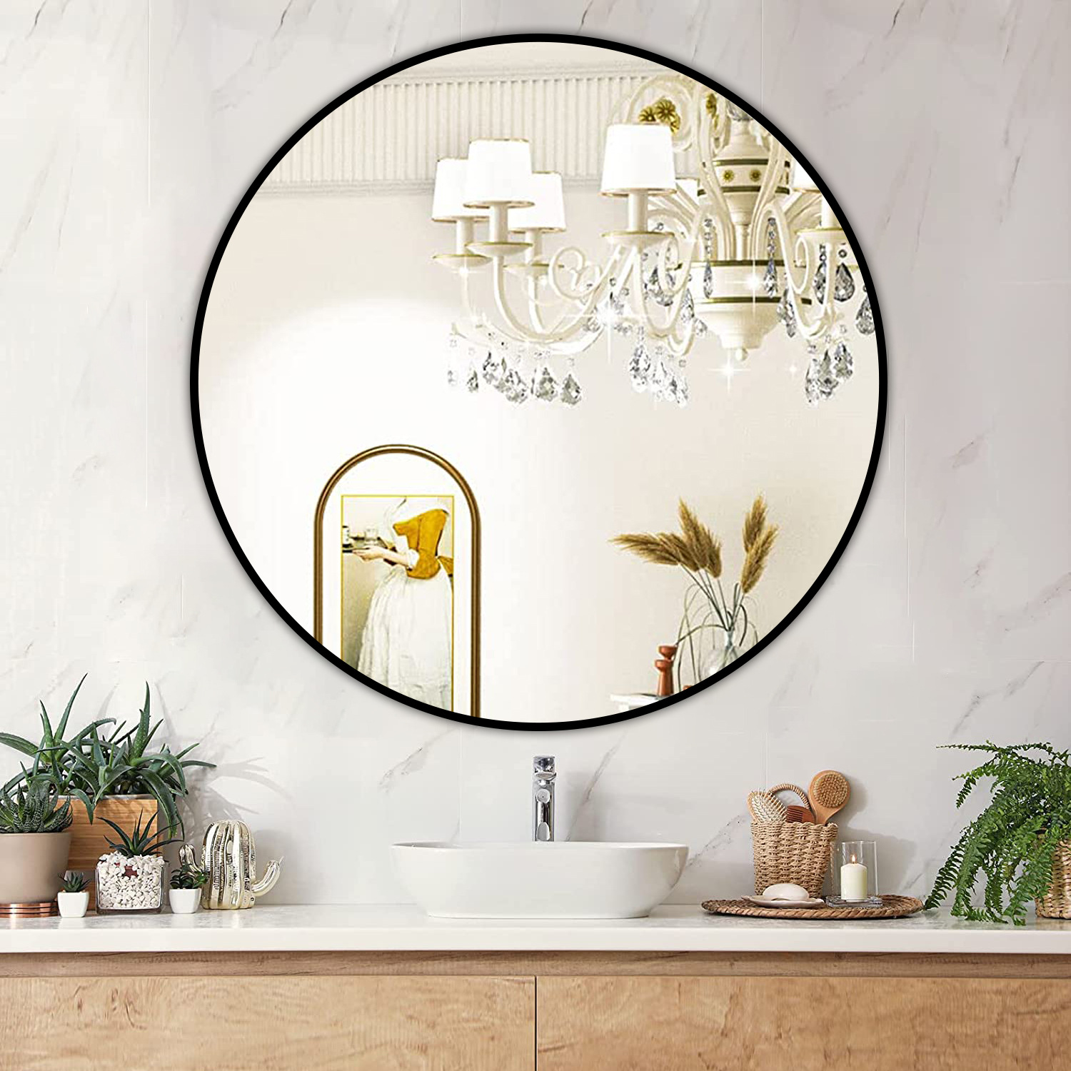 北欧现代简约圆形卫生间镜子挂墙免打孔浴室镜洗手间镜子跨境圆镜