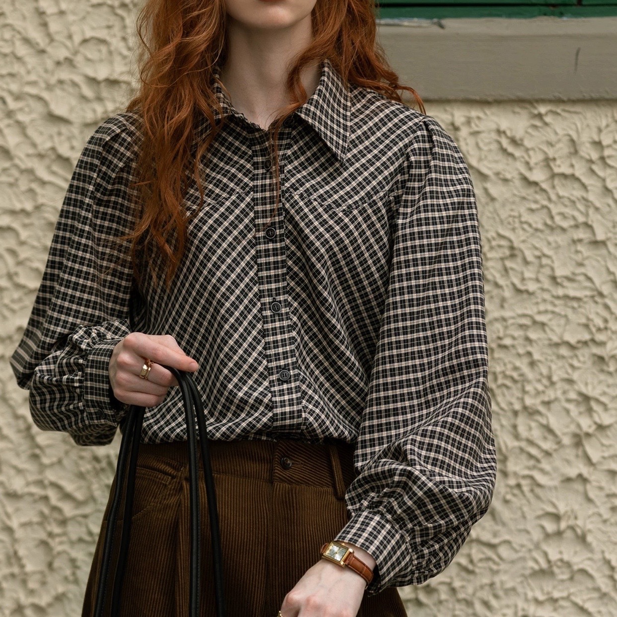 2024年春秋季新款复古宽松百搭黑色苏格兰格纹长袖衬衫女-阿里巴巴