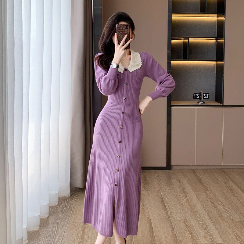 茶歇式温柔风高端贵气紫设计感针织鱼尾裙跨境女装秋季新款连衣裙