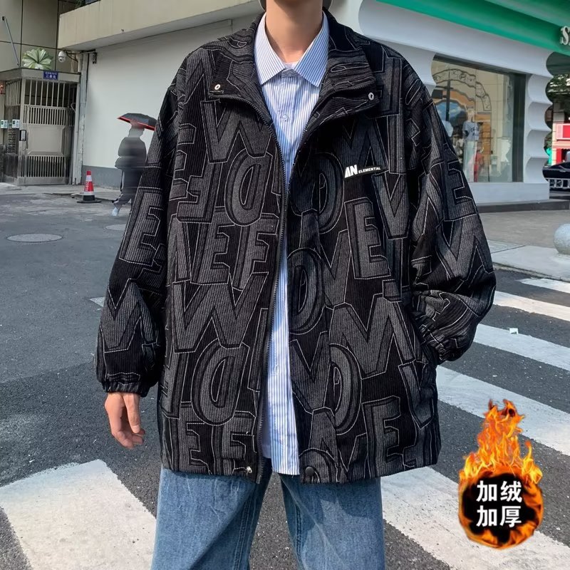 国潮满花加绒加厚灯芯绒外套男款秋冬季潮牌ulzzang夹克男生潮流