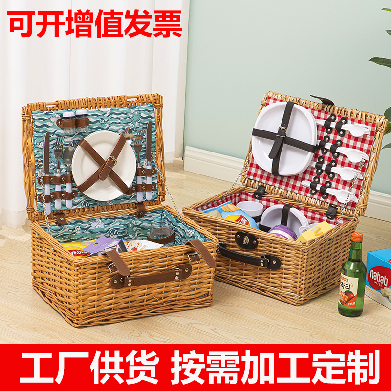 Split Willow Picnic Basket Storage Box Ins Wind Net Red Hand Carry with Cover High Matching Picnic Basket with Tableware Willow Woven Picnic Basket