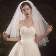 新娘头纱双层遮面短款韩式素纱婚纱面纱影楼拍照款蓬蓬款头饰配饰