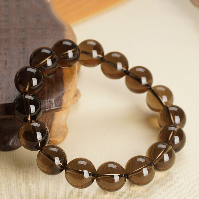 天然茶水晶手链女单圈 7a纯净体茶晶手串墨晶佛珠棕色宝石民族风