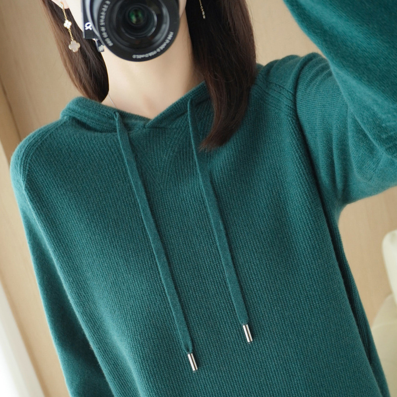 2022 Autumn and Winter Cross-Border Women's Knitwear Korean Style Solid Color Knitted Hooded Hoodie Lazy Sweater Coat