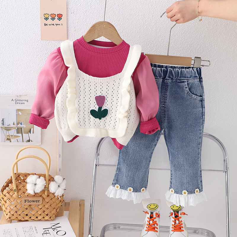 Korean Style Children's Clothing New Autumn Clothes Girl's Knitted Vest Three-Piece Autumn Puff Sleeve Children's Long-Sleeve Suit Clothes