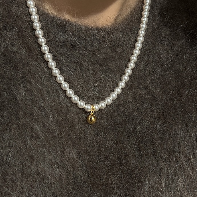 French Style High-Grade Pearl Necklace Small Golden Balls Pendant Clavicle Chain Necklace Simple All-Match Necklace Sweater Chain Jewelry