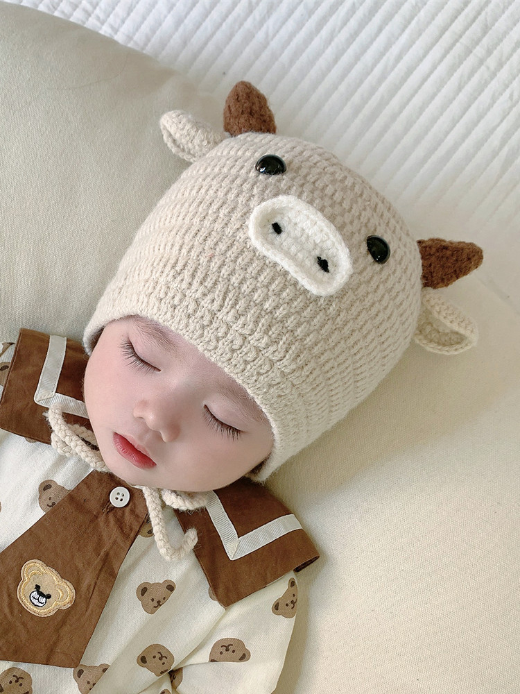 婴儿帽子冬季男宝宝手工牛角毛线帽秋冬天婴儿护耳冬款儿童毛线帽