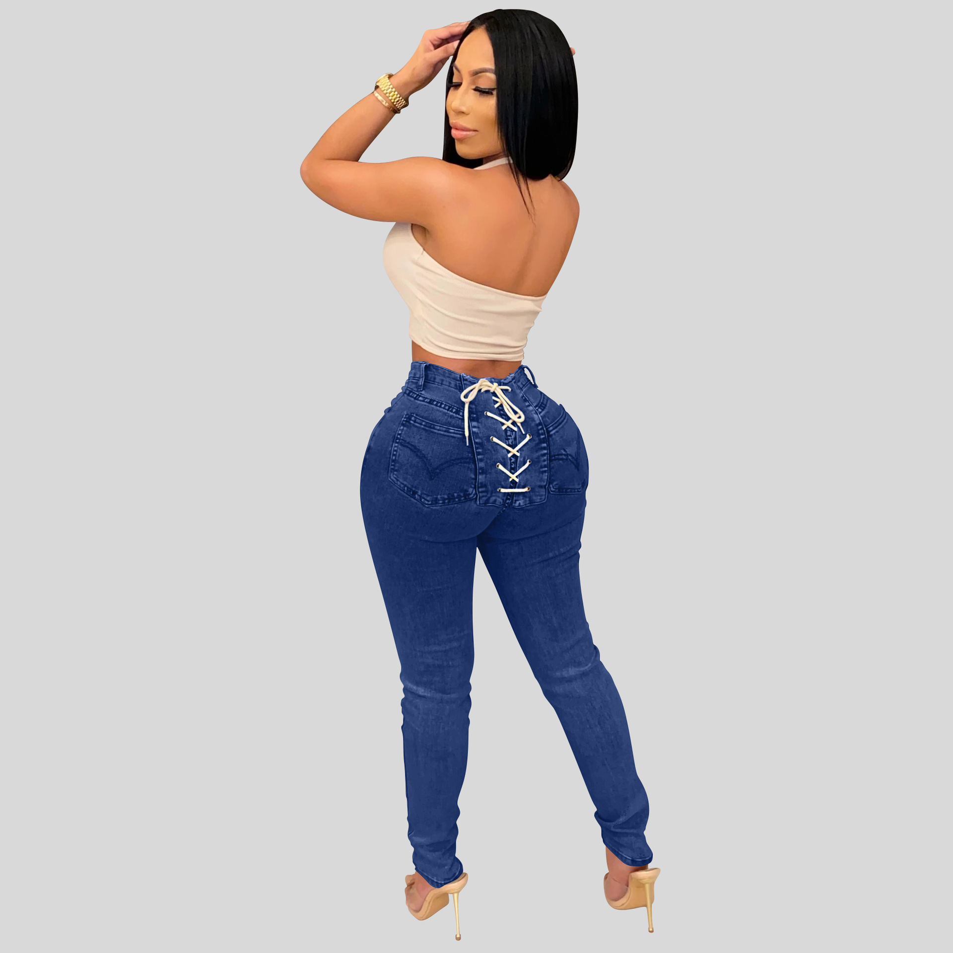 亚马逊2022春季新品性感牛仔裤女装  欧美时尚大码系带显瘦小脚裤