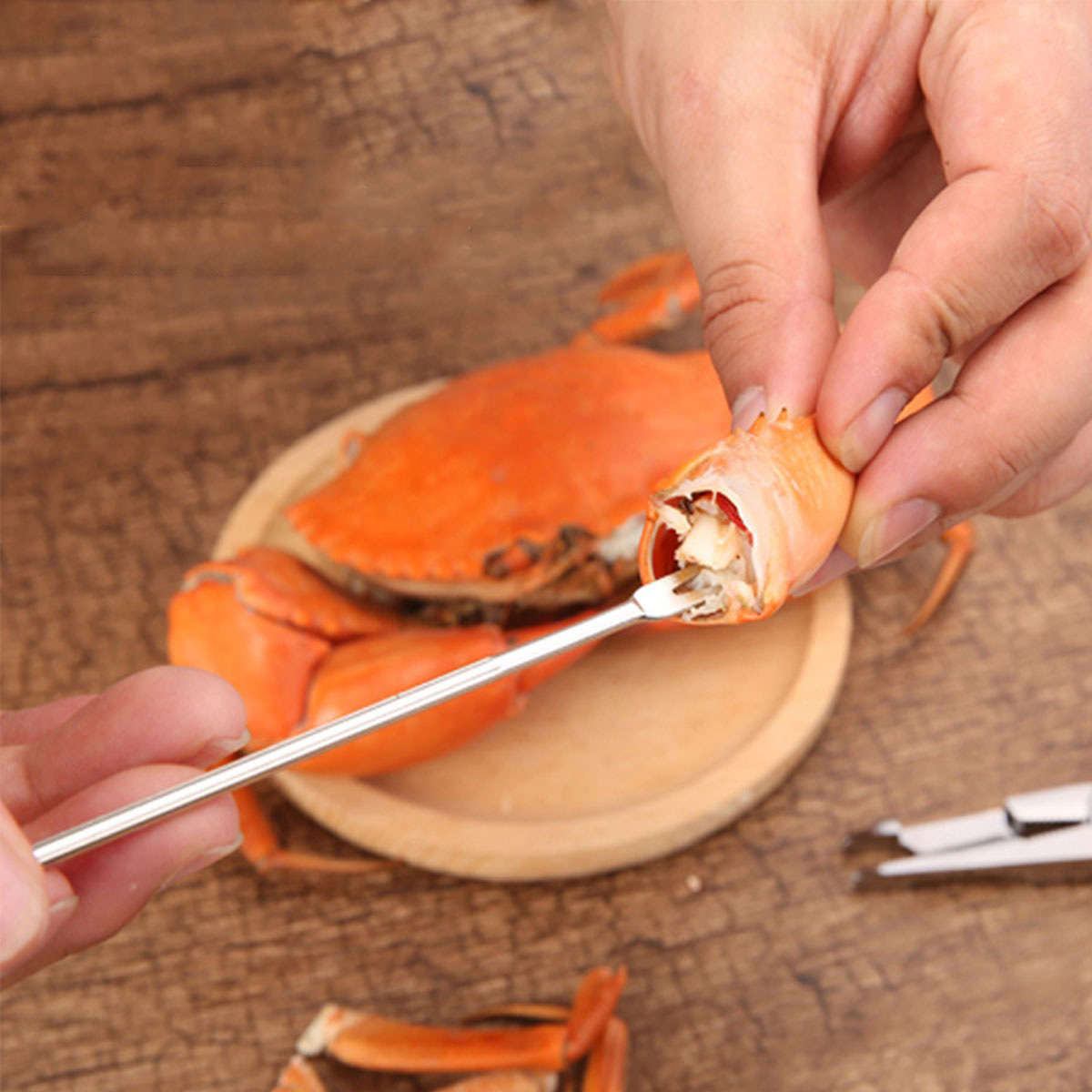 现货跨境亚马逊锌合金蟹夹吃蟹工具不锈钢蟹针8g剥螃蟹钳夹子