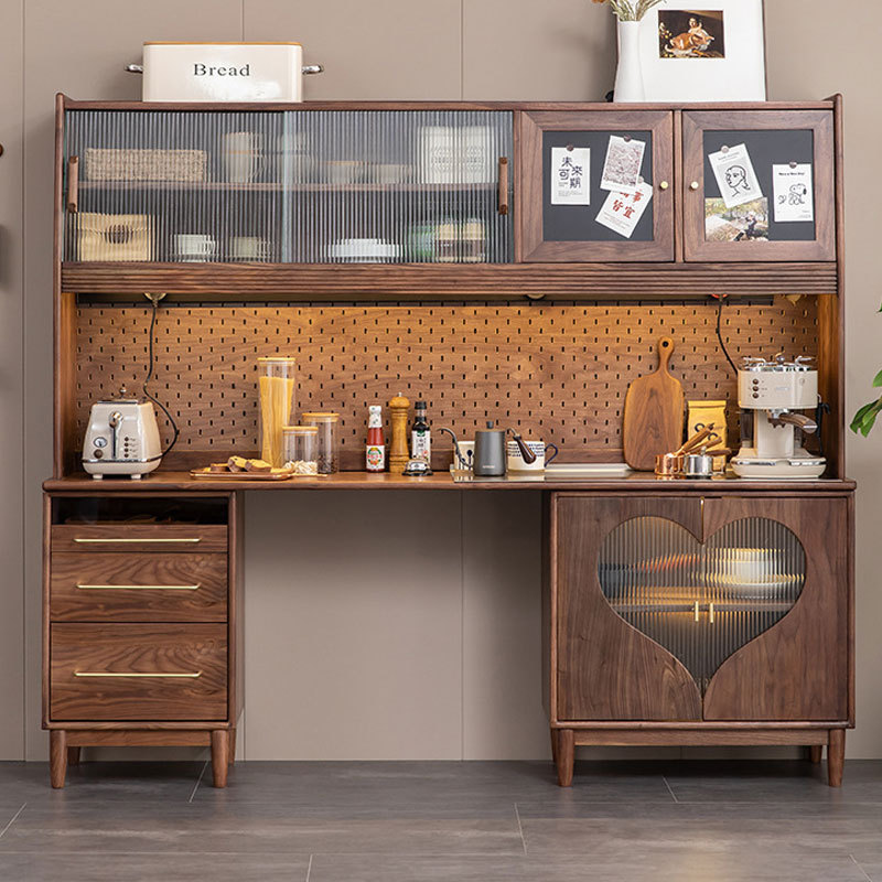 源头厂家直销北美黑胡桃木高柜酒柜餐桌一体靠墙多功能收纳餐边柜