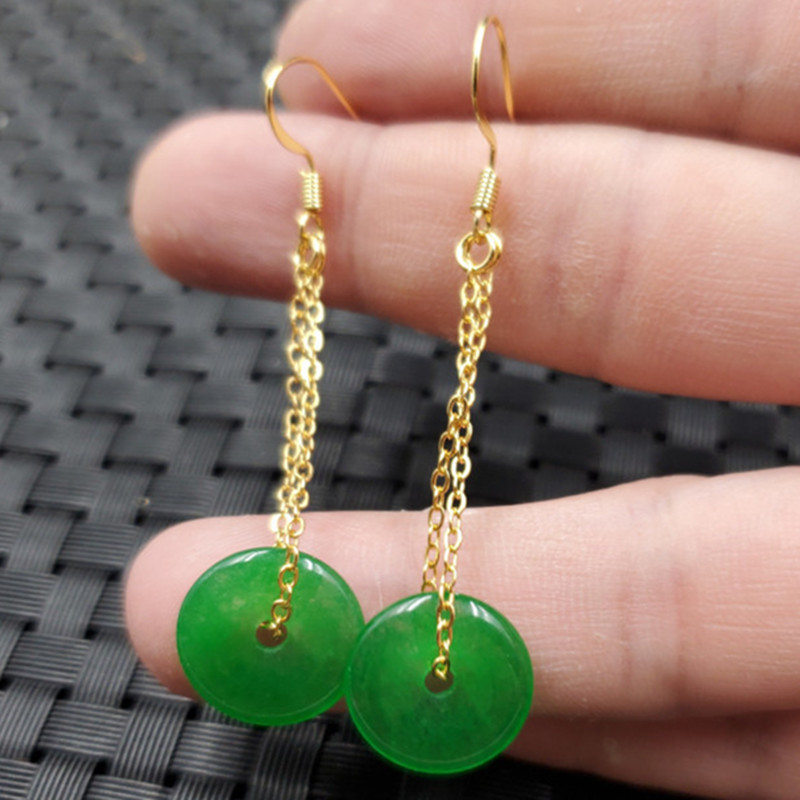 玉石挂件碧绿色玉扣耳环石英岩玉玉扣耳坠碧绿色玉扣耳线玉耳饰