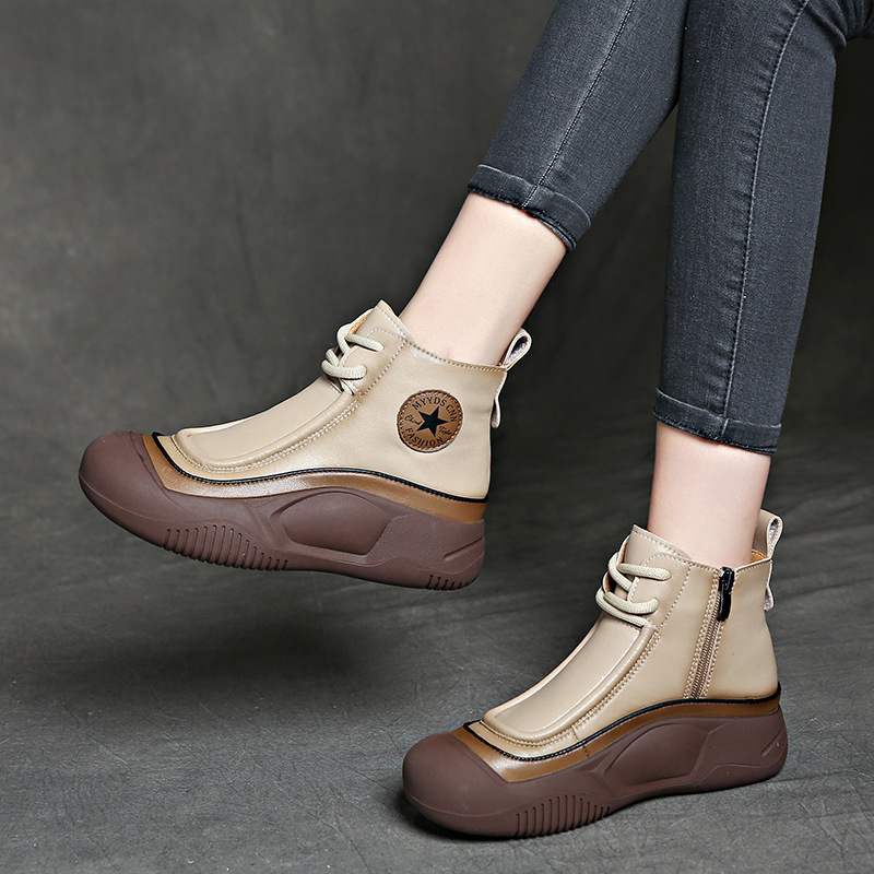 复古鞋子女高帮鞋秋冬新款加绒马丁靴鞋头层牛皮舒适软底休闲女鞋