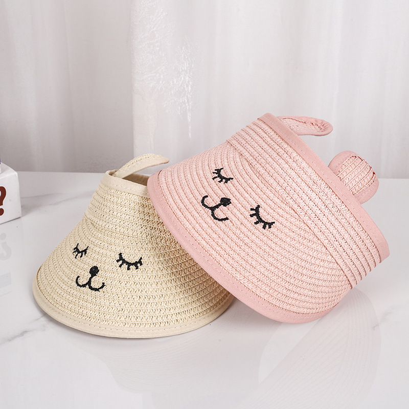 Cute New Straw Sun Hat Smiley Face Ears Air Top Sun Protection Hat Breathable Outdoor Sun Hat Beach Straw Hat Women