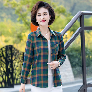 妈妈长袖格子衬衫女上衣40岁50洋气中老年春秋装时尚休闲衬衣开衫