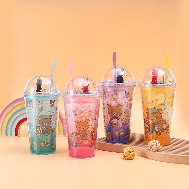 New Creative Crushed Ice Cup Ice Cup Bear Double-Layer Cup with Straw Men and Women Student Portable Summer Cute Ice Cup Plastic Cup