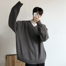 韩版冬装针织衫2021新品V领套头宽松毛衣潮纯色基础款加厚打底衫