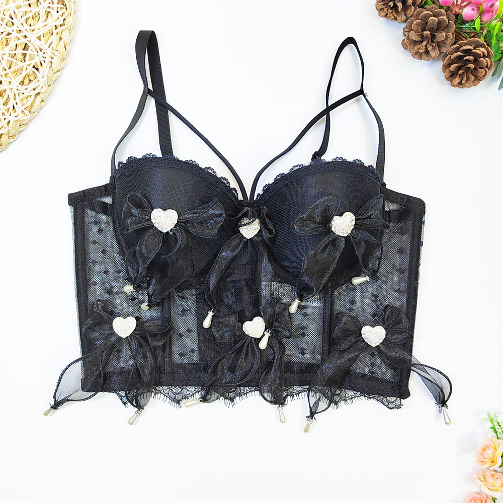 蝴蝶结镶钻蕾丝鱼骨抹胸有钢圈美背半透视性感胸衣女时尚裹胸新款