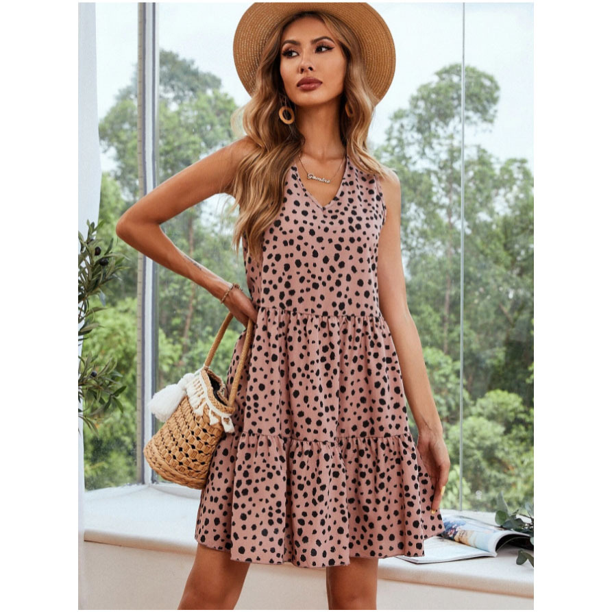 春夏跨境女装货源wish亚马逊v领无袖斑点印花连衣裙 源头厂家现货