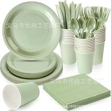 现货鼠尾草绿色纯色主题一次性纸盘桌布纸巾派对套装装饰布置用品
