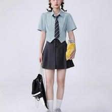 黑色衬衫短款女夏季新款polo领衬衣显瘦上衣新款韩版学院风小个子