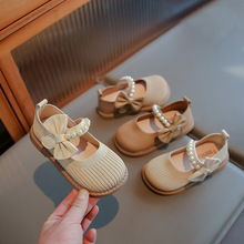 儿童皮鞋2024年春季新款珍珠蝴蝶结女童公主鞋透气织物女单鞋跨境