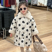 韩版儿童2023冬季新款加厚保暖复合一体仿兔毛夹棉圆点中长款外套