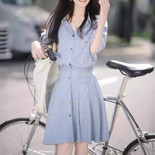波蓝衬衫裙时尚休闲收腰显瘦收腰裙2023年夏季新款蓝色条纹连衣裙